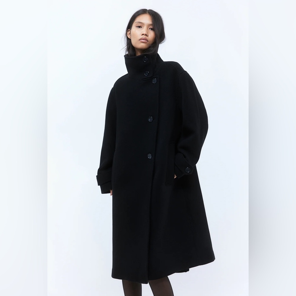 H&M Black Oversized Button-Front Wool Coat